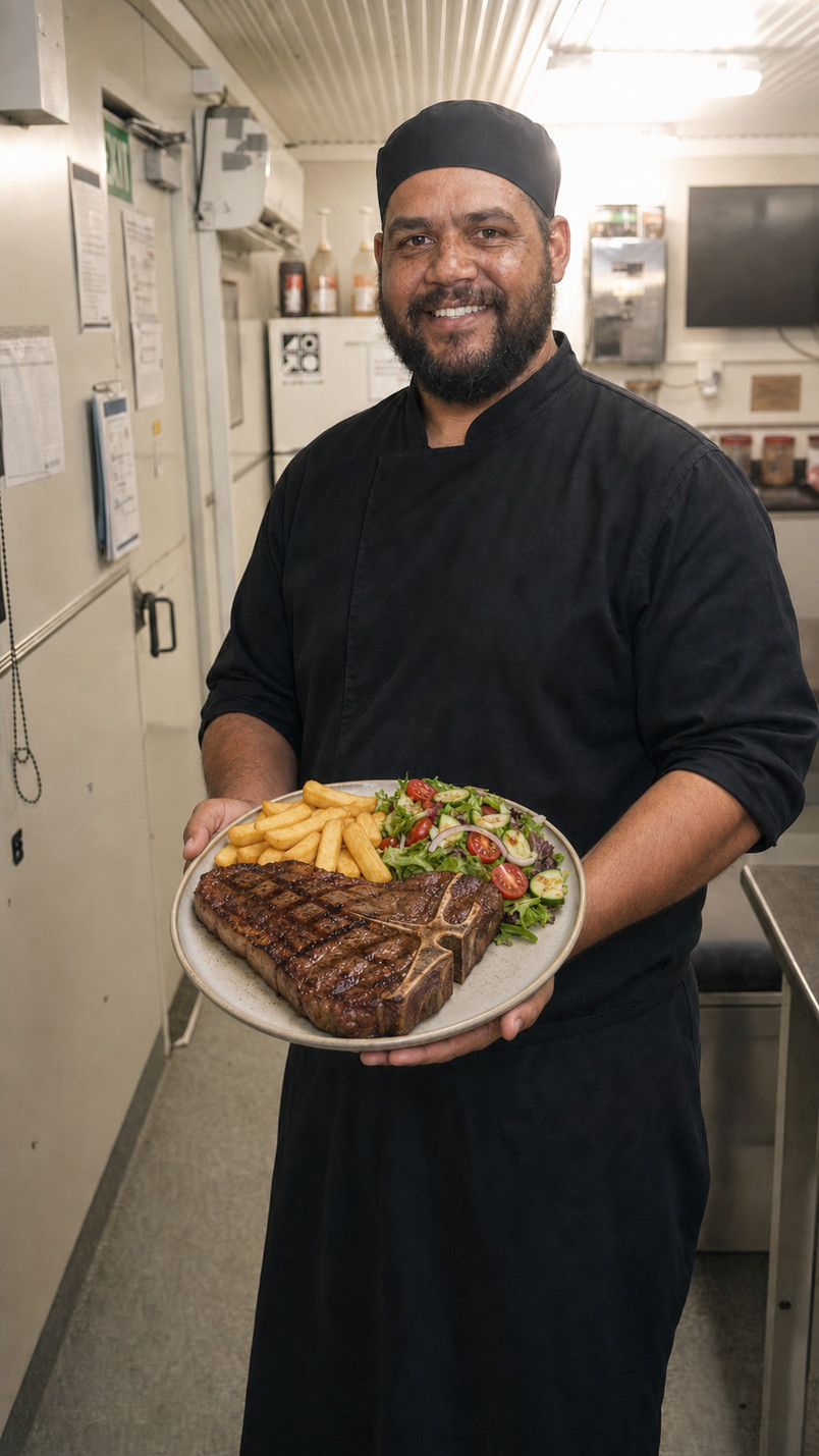 Chef preparing meals in a remote camp kitchen
